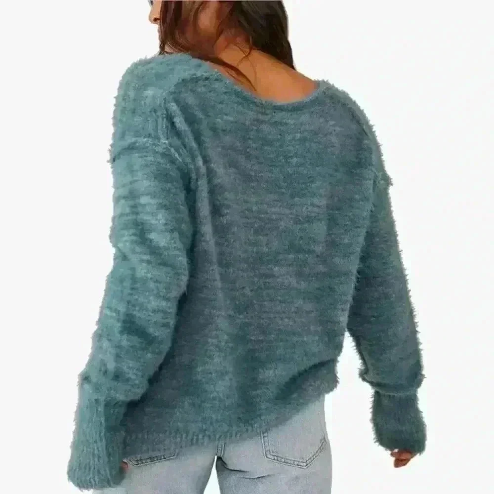 Free People Womens Serendipity Eyelash V-Neck Pullover Sweater Blue XS - Picture 2 of 5